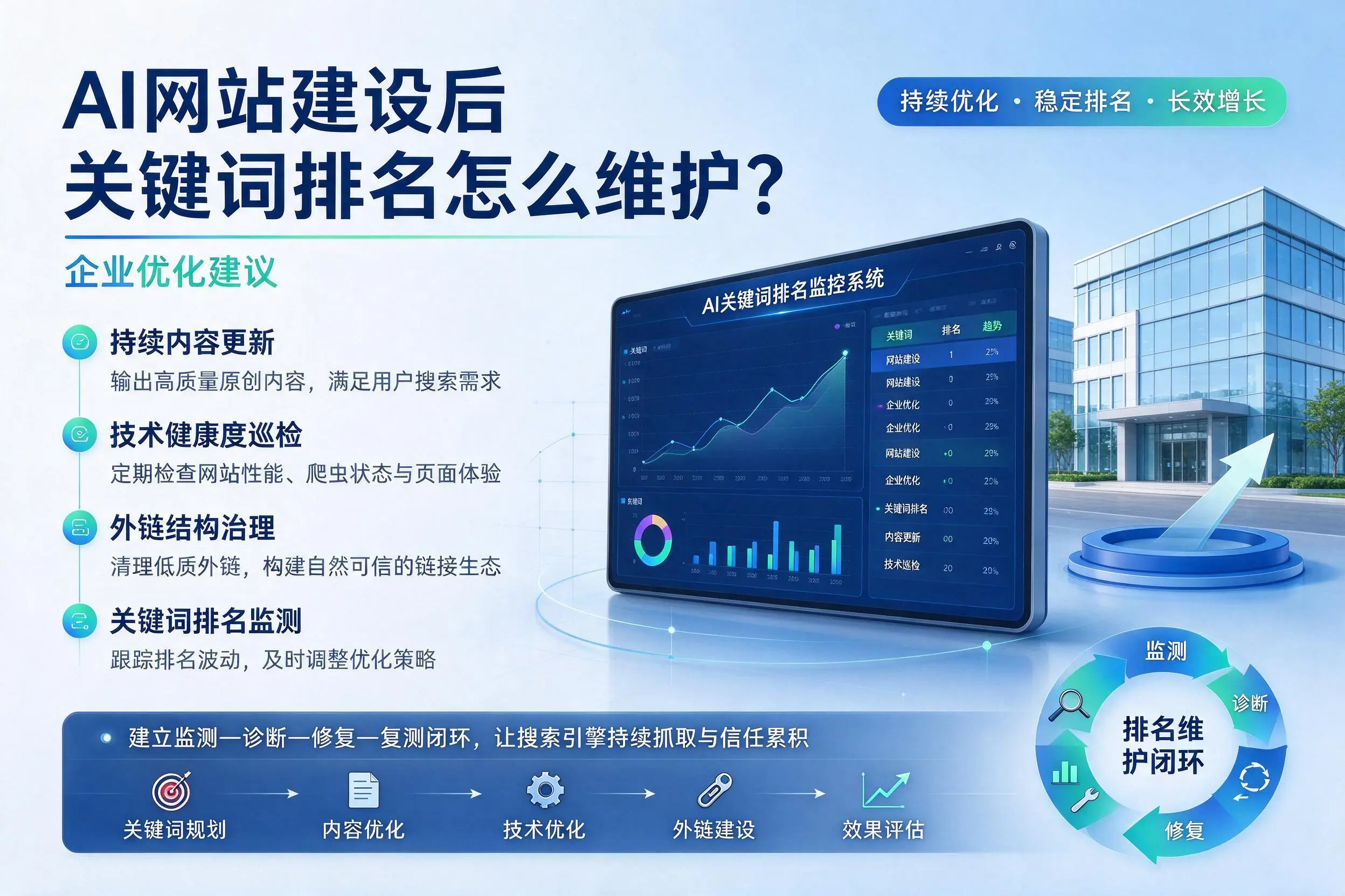 AI网站建设后关键词排名怎么维护？海口企业优化建议